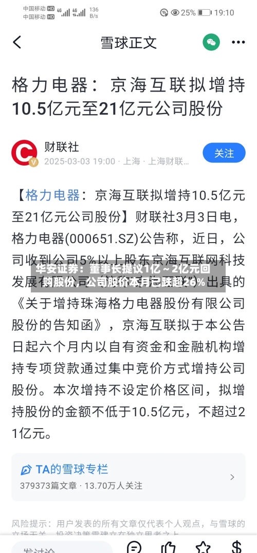 华安证券：董事长提议1亿～2亿元回购股份	，公司股价本月已跌超26%-第2张图片