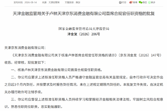 京东消金首席风险官汪序、首席合规官卢林任职资格获批